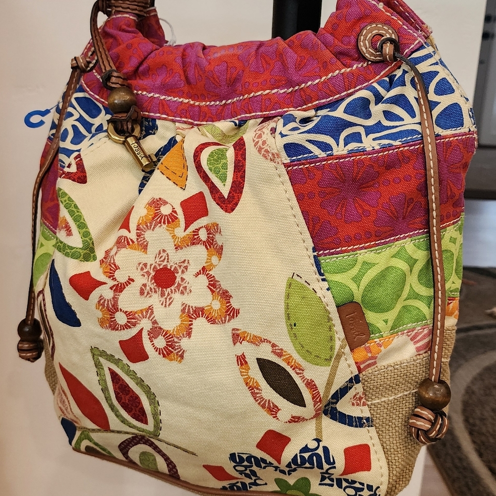 Fossil Multicolor Floral Patchwork Drawstring Sho… - image 5